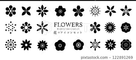 一組可愛的花朵圖標，包括櫻花、梅花、紫羅蘭和三色堇。 122891269