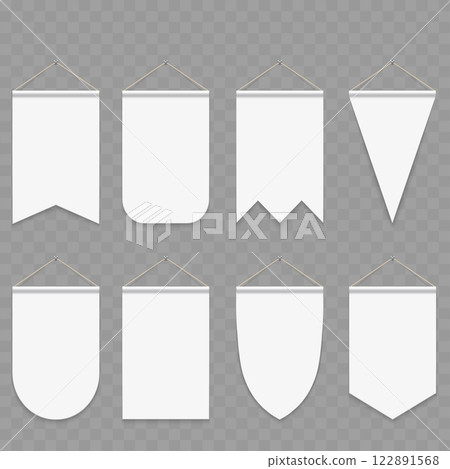 Blank Hanging Banners and Pennants Set Mockup. Vector 122891568