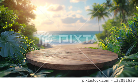 Product showcase on a wooden stand with a sea beach blurred background, summer theme, 3D rendering 122891639