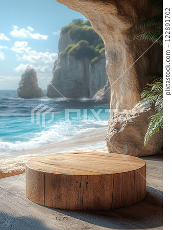 Product display on a wooden stand with a dreamy beach background, high-resolution 3D rendering Product display on a wooden stand with a dreamy beach background, high-resolution 3D rendering 122891702