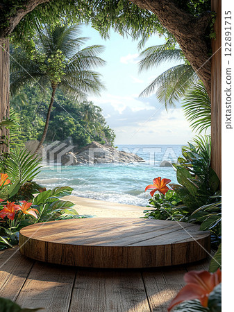 Product setup on a wooden podium with a soft-focus beach backdrop, high-resolution 3D rendering 122891715