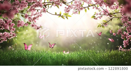 Butterflies flying over green grass in a blooming spring meadow 122891800