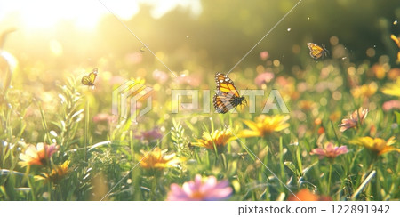 Butterflies flying over colorful wildflowers in spring meadow at sunset 122891942