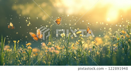 Monarch butterflies flying over blooming wildflowers in spring meadow at sunset 122891948