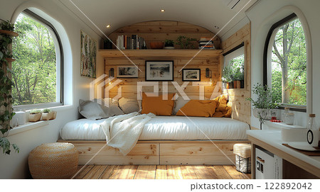 Light wood floors in a cozy tiny house, high resolution 3D rendering 122892042