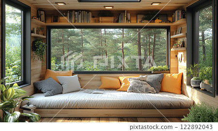 Light wood floors in a cozy tiny house, high resolution 3D rendering 122892043