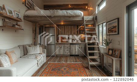 High-resolution 3D rendering of tiny house interior, cozy cabin design, light wood floors High-resolution 3D rendering of tiny house interior, cozy cabin design, light wood floors 122892046