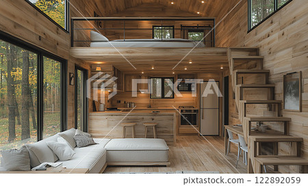 Cozy cabin tiny house design, light wood floors, high resolution 3D rendering 122892059