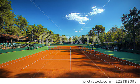 Large tennis court for world-class competition, high-quality, wide-angle shot 122892093