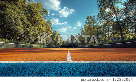 Large tennis court for world-class competition, high-quality, wide-angle shot 122892094