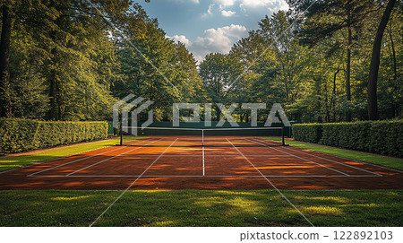 Large tennis court for world-class competition, wide-angle high-quality shot 122892103