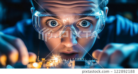 Electrician making a short circuit while repairing electronic circuit board 122892188