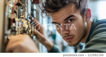 Young electrician working on fuse box concentrating on electrical panel repair 122892198