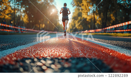 High-resolution photorealistic shot of a runner crossing finish line tape, with a blurred track in the background High-resolution photorealistic shot of a runner crossing finish line tape, with a blurred track in the background 122892289