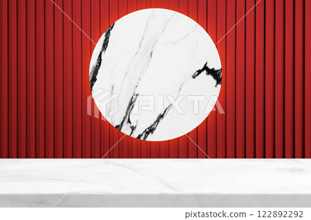 White Marble Table with Red Wooden Wall, Circle Marble Partition, and Yellow Illuminated Light White Marble Table with Red Wooden Wall, Circle Marble Partition, and Yellow Illuminated Light 122892292