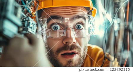 Electrician having a shock while working on electrical panel 122892310