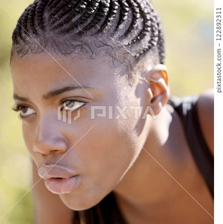 Focus, fitness motivation and black woman face thinking, vision and mindset goal for marathon exercise, running and sports workout outdoor. Athlete, runner and strong female breathing for challenge 122892311