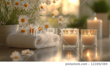 Tranquil spa environment featuring candles, towels, and skin care products, high-resolution image for relaxation advertising 122892369