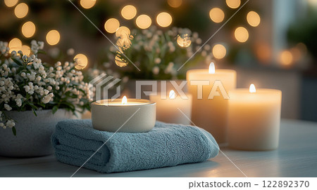 Serene and calming spa setup with candles, towels, and skincare items, high resolution, ideal for self-care promotion 122892370