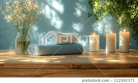Serene and calming spa setup with candles, towels, and skincare items, high resolution, ideal for self-care promotion 122892371