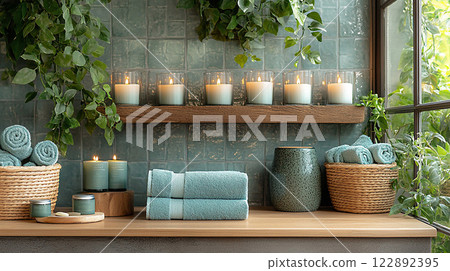 Serene spa ambiance with candles, towels, and skin care items, high-resolution image for promoting relaxation 122892395
