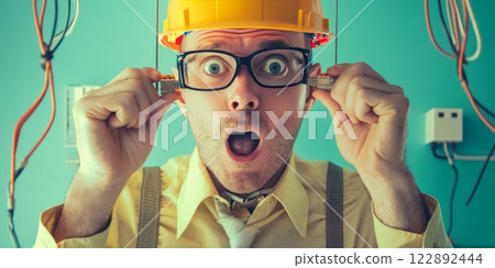 Surprised electrician connecting cables wearing safety helmet and glasses 122892444