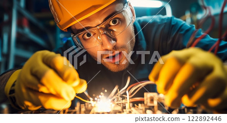 Electrician experiencing short circuit while repairing electrical panel 122892446