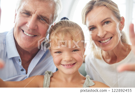 Happy, love and selfie with girl and grandparents together for family, technology or internet. Contact, smile and portrait of child, old man and elderly woman with photo for media, care and social Happy, love and selfie with girl and grandparents together for family, technology or internet. Contact, smile and portrait of child, old man and elderly woman with photo for media, care and social 122892455