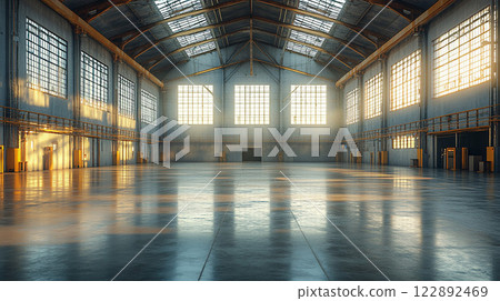 High resolution large empty factory workshop space building 122892469