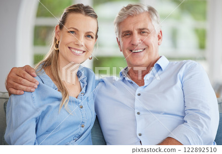 Love, family and portrait of father and daughter relax on a sofa, bonding and sitting in a living room together. Happy, smile and hugging parent and woman enjoying quality time on the weekend at home Love, family and portrait of father and daughter relax on a sofa, bonding and sitting in a living room together. Happy, smile and hugging parent and woman enjoying quality time on the weekend at home 122892510