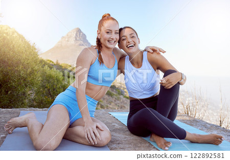 Relax, girl friends and yoga portrait on mountain for peace and tranquility exercise in nature. Friendship wellness, fitness and meditation training together for calm mindset with girlfriends. 122892581