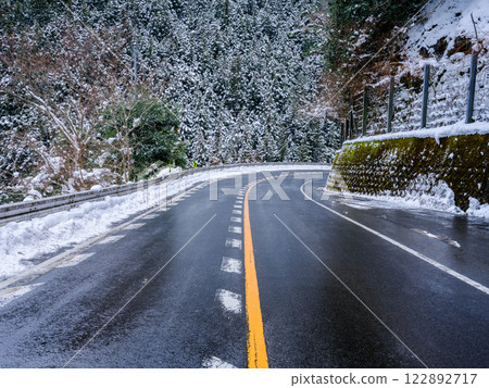Driving on a snowy mountain road 122892717