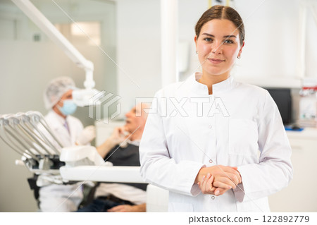 Young woman nurse is standing in dental office, clinic 122892779