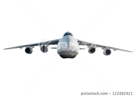 Front view of the wide body transport cargo aircraft flying isolated on white background Front view of the wide body transport cargo aircraft flying isolated on white background 122892921