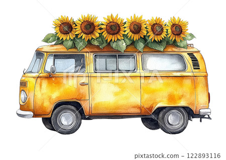 Vintage yellow van adorned with sunflowers, showcasing nostalgia. Watercolor clipart cartoon. 122893116