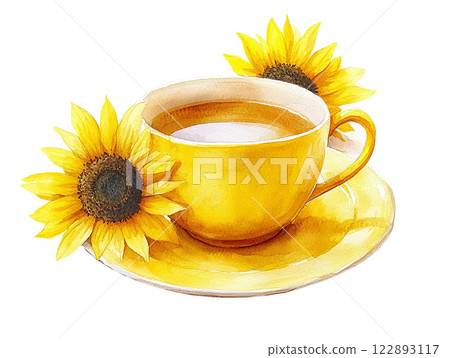 Yellow tea cup with sunflowers offers a vibrant, cheerful vibe. Watercolor clipart cartoon. Yellow tea cup with sunflowers offers a vibrant, cheerful vibe. Watercolor clipart cartoon. 122893117