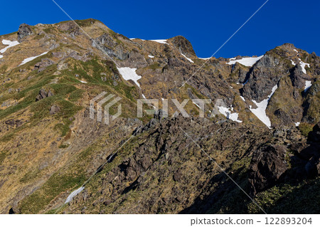 Fresh greenery and remaining snow on Mt. Tanigawa seen from the Nishikuro Ridge 122893204
