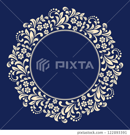Decorative frame Elegant vector element for design in Eastern style, place for text. Floral blue and golden border. Lace illustration for invitations and greeting cards 122893391