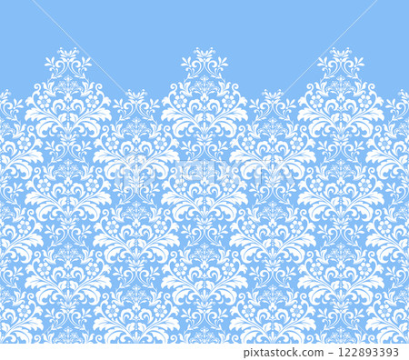 Wallpaper in the style of Baroque. White and blue floral ornament. Modern vector background. Graphic pattern for fabric, wallpaper, packaging. Ornate Damask flower illustration Wallpaper in the style of Baroque. White and blue floral ornament. Modern vector background. Graphic pattern for fabric, wallpaper, packaging. Ornate Damask flower illustration 122893393