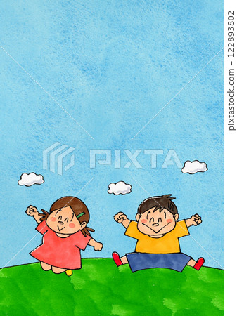 Jumping boys and girls copy space (blue sky) 122893802