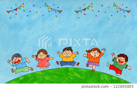 Jumping children Copy space (blue sky) 122893805