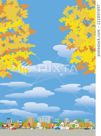 Autumn leaves cityscape illustration. 122893897
