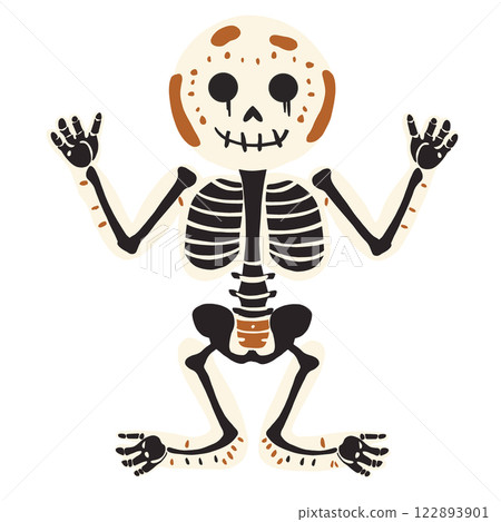 Cute cartoon skeleton with playful expression, arms raised in cheerful pose, perfect for Halloween or educational themes 122893901