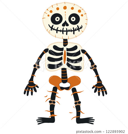 Cute cartoon skeleton with exaggerated features and playful expression, perfect for Halloween or educational purposes 122893902