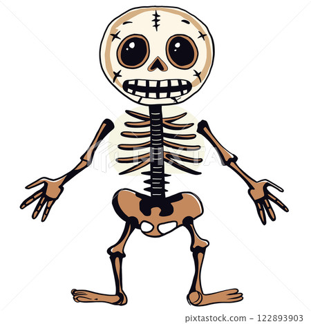 cartoon skeleton with cheerful expression, featuring exaggerated features and playful design. Ideal for Halloween or educational themes 122893903