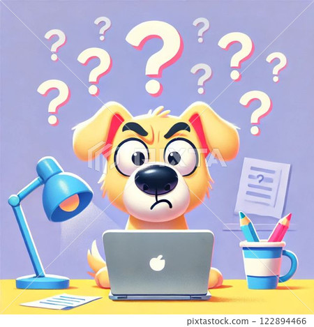 A dog with a questioning expression in front of a computer A dog with a questioning expression in front of a computer 122894466