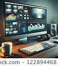 Computer editing monitor and keyboard 122894468