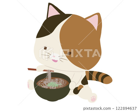 Smiling calico cat eating soba noodles Smiling calico cat eating soba noodles 122894637