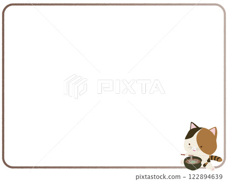 Frame of a smiling calico cat eating soba noodles Frame of a smiling calico cat eating soba noodles 122894639