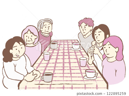 Illustration of a social gathering by psychiatric patients Illustration of a social gathering by psychiatric patients 122895259